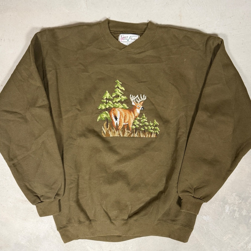 Vintage Galt Sand Deer Embroidered Crewneck Sweatshirt Mens Large Olive Green